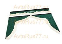 Ламбрекен лобовой 1.5м. бархат с надписью RUSSIA + боковые с рисунком (зеленый + белая бахрома)